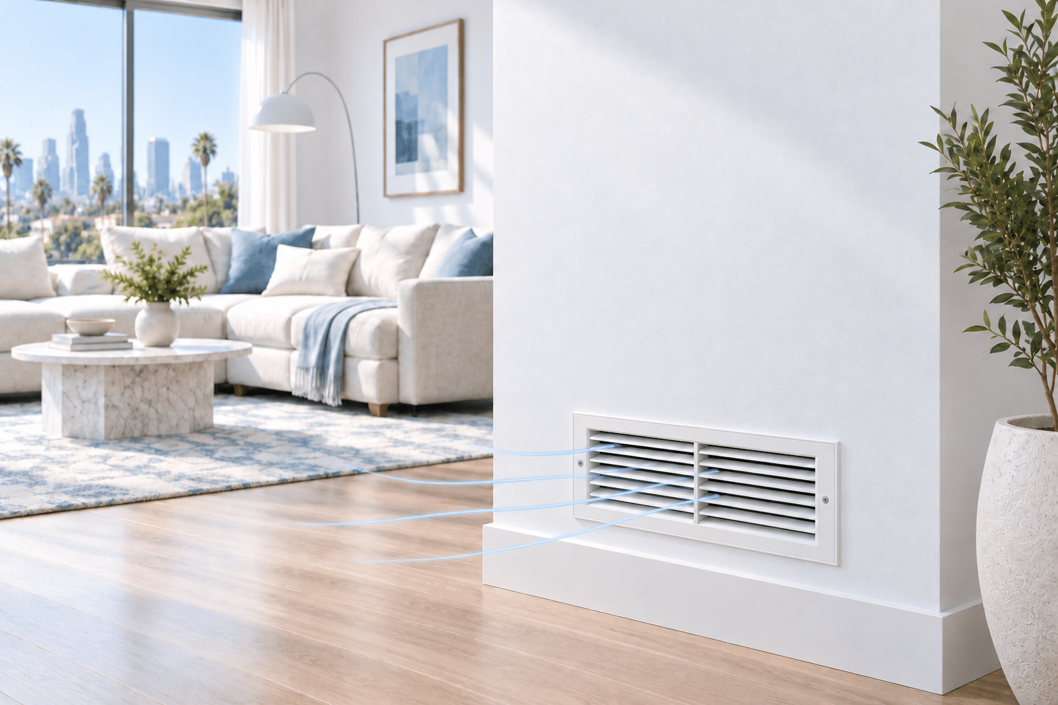 Clean baseboard air register in a bright living room